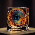 a colorful glass object sitting on top of a wooden table next to a black wall and a black wall in the background with a blue eye Royalty Free Stock Photo