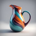 A colorful glass pitcher sitting on top of a table