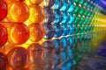 Colorful glass spheres arranged in a rainbow gradient with reflections on a glossy surface Royalty Free Stock Photo