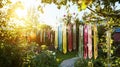 Colorful glass wind chimes hanging from a tree branch in a garden Royalty Free Stock Photo