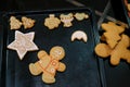 Colorful glazed cookies lie on a baking sheet on the table