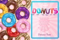 Colorful glazed donuts for ads. Sweet glossy bakery donuts with pink background advertising poster. Realistic round