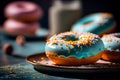 Colorful glazed donuts with sprinkles on a dark background. selective focus. Generative AI Royalty Free Stock Photo