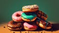 Colorful glazed donuts with sprinkles on dark green background Royalty Free Stock Photo