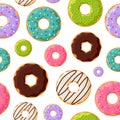 Colorful glazed sweet donuts seamless pattern on white background. Vector bakery illustration Royalty Free Stock Photo