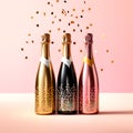 Colorful glittery and shiny champagne bottles set and confetti on a pink background Royalty Free Stock Photo