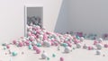 Colorful glossy balls falling and rolling. White room, hard light. Abstract illustration, 3d render