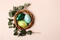 Colorful glossy easter eggs in the rattan nest.Natural eucalyptus branch on the back.Copy space for text or design