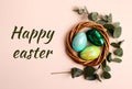 Colorful glossy easter eggs in the rattan nest.Natural eucalyptus branch on the back.Copy space for text or design.Happy