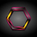 Colorful glossy hi-tech geometric hexagon on perforated background
