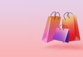 Colorful glossy shopping bags flying on a sweet pastel background, 3d render