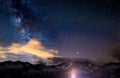 The colorful glowing core of the Milky Way and the starry sky captured at high altitude in summertime on the Italian Alps, Torino