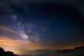 The colorful glowing core of the Milky Way and the starry sky captured at high altitude in summertime on the Italian Alps, Torino Royalty Free Stock Photo