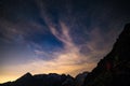 The colorful glowing core of the Milky Way and the starry sky captured at high altitude in summertime on the Italian Alps, Torino Royalty Free Stock Photo