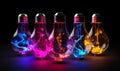 Colorful glowing 3d incandescent light bulb visualization. A group of colorful light bulbs sitting next to each other Royalty Free Stock Photo