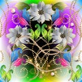 Colorful glowing floral 3d vector seamless pattern. Shiny ornamental glow jewelry background. Surface 3d flowers. Dotted glitters