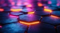 Colorful glowing hexagonal patterns create a modern, futuristic design in a dynamic abstract setting with soft lighting