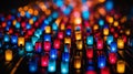 Colorful glowing lanterns in shades of blue, red, and yellow creating an abstract, mesmerizing pattern