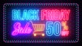 Colorful Glowing Light Black Friday Sale 50 Percent Off With Shopping Cart Neon Sign Inside Dotted And Dashed Border Frame On Bric Royalty Free Stock Photo