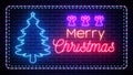 Colorful Glowing Merry Christmas Text With Tree And Angel Shapes Neon Light Inside Dotted And Dashed Border Frame On Brick Wall