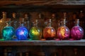 Colorful glowing potions on a mystical apothecary shelf