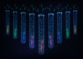 Colorful glowing set of laboratory test tubes with abstract liquids. Chemical analysis concept.