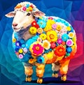 A colorful goat with flowers on its back is shown.