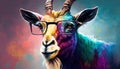 a colorful goat wearing glasses