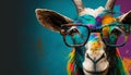 a colorful goat wearing glasses