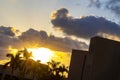 Colorful golden sunset sunrise tropical Caribbean palm trees clouds Mexico Royalty Free Stock Photo