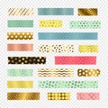 Colorful, golden washi tape strips, vector scrapbook elements