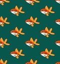 Colorful Goldfish on Green Teal Background. Vector Illustration