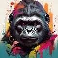 Colorful gorilla head with colorful forest theme surrounded by a trees
