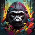 Colorful gorilla head with colorful forest theme surrounded by a trees