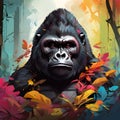 Colorful gorilla head with colorful forest theme surrounded by a trees