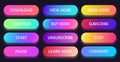 Colorful gradient button. Read, view and learn more buttons. Buy now, subscribe and color comment buttons vector set Royalty Free Stock Photo
