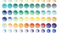 Colorful gradient, 36 large circles of different hues arranged in rows on a white background