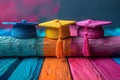 Colorful Graduation Caps Stacked Together. Generative AI Royalty Free Stock Photo