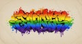 Colorful graffiti artwork featuring bold, stylized letters in a vibrant rainbow gradient on Royalty Free Stock Photo