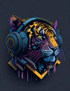 Colourful graffiti illustration of a Tiger as a DJ, wearing headphones, vibrant colours, Digital art.