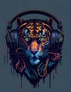Colourful graffiti illustration of a Tiger as a DJ, wearing headphones, vibrant colours, Digital art.