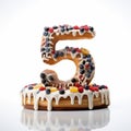 Elaborate Fruit Arrangements: White Number Five Cake On White Background