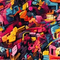 Colorful graffiti painting on a wall with vibrant cubist fragmentation (tiled)