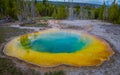 Colorful grand Prismatic Pool, blue and yellow at Yellowstone National Park in a gorgeous sunny day