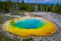 Colorful grand Prismatic Pool, blue and yellow at Yellowstone National Park in a gorgeous sunny day
