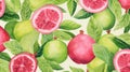 Colorful Grapefruit And Green Leaves Wallpaper With Watercolor Background