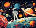 The colorful graphic depicts astronauts.