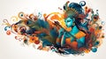 A colorful graphic design featuring Lord Krishna holding a bansuri and surrounded by pots and peacock feathers, AI Generative