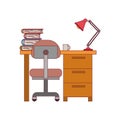 Colorful graphic of desk home with chair and books and lamp with dark red line contour