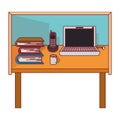 Colorful graphic of desk home office basic with dark red line contour